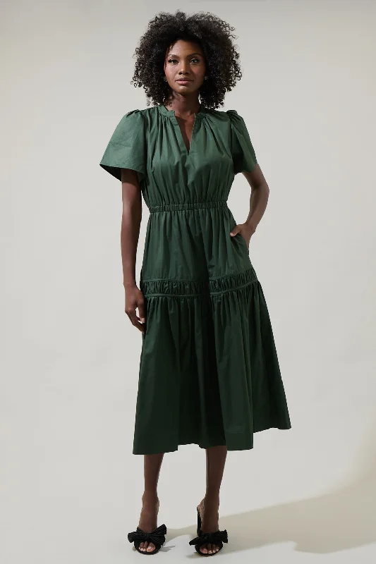 Xoe Split Neck Smocked Midi Dress